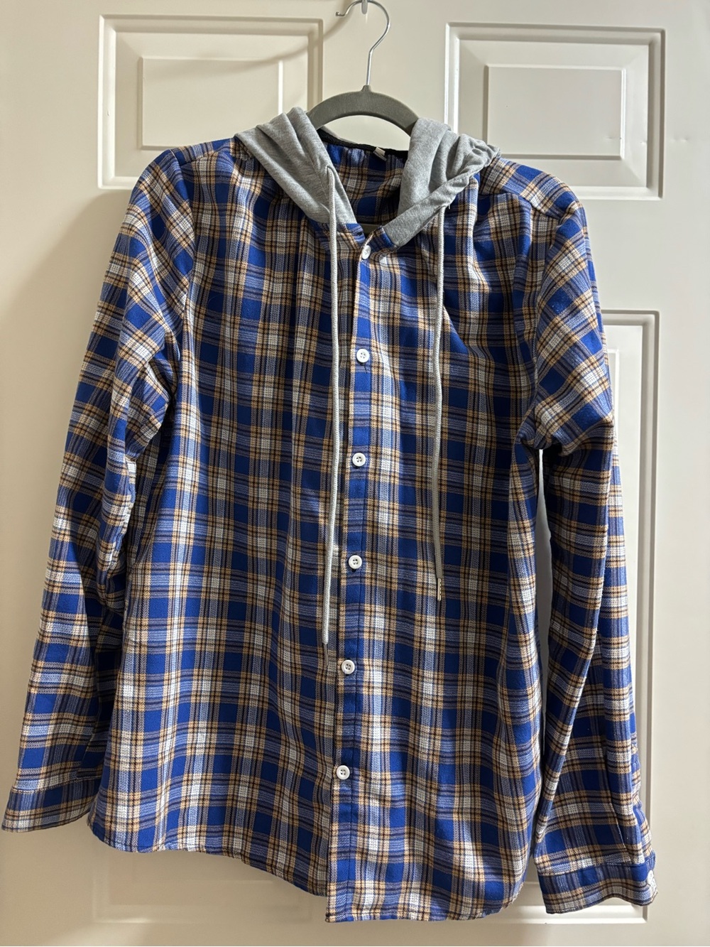 Blue and Tan Plaid Button-Up Shirt with Grey Hood